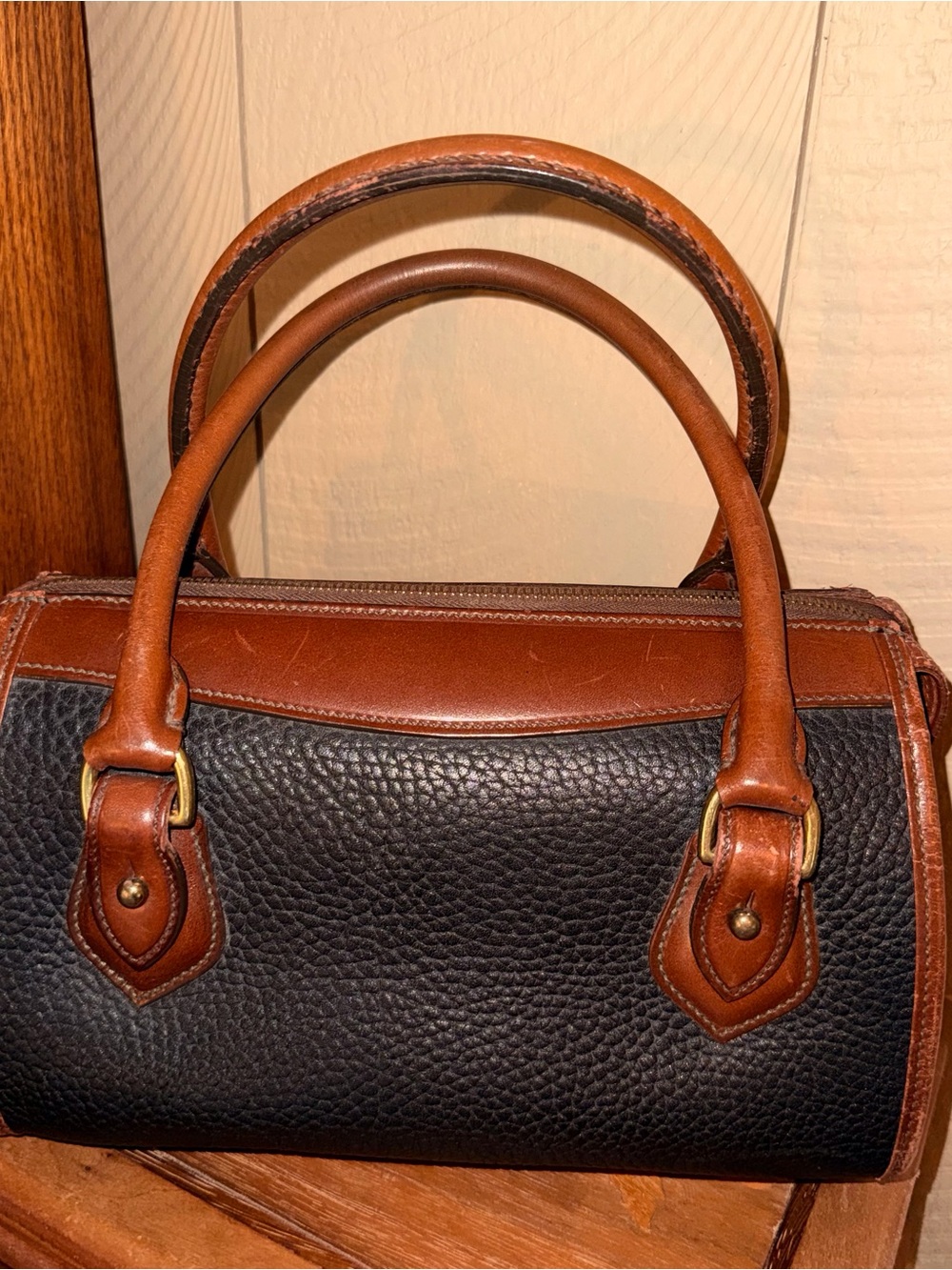 Dooney & Bourke / Vintage Black with Brown Leather Trim Pebble Satchel - Picture 3 of 16